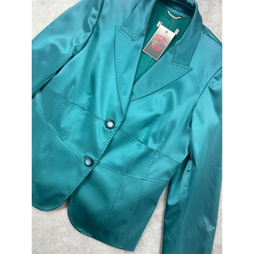 Teal Satin Pick Stitch Blazer Jacket Made in Italy SZ Large